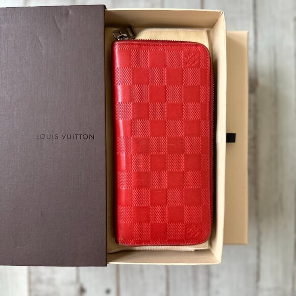 LOUIS VUITTON RED DAMIER LONG ZIPPER WALLET W BOX AND DUST BAG ETC - Picture 1 of 5